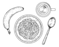 Top view illustration of a healthy breakfast with oatmeal, banana and tea. Hand drawn black and white sketch with fine line art. Perfect for rustic kitchen, diet, and food designs vector