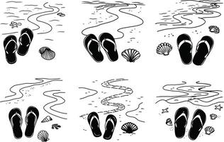 Beach theme seamless pattern with flip flops and seashells in black and white vector