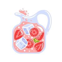 illustration featuring a refreshing glass pitcher filled with strawberry lemonade. bright red strawberries, surrounded by ice and garnished vector