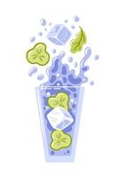 illustration, refreshing drink in a clear glass, showcasing crisp cucumber slices and ice cubes. The lively splashes and bubbles add a sense of movement, capturing the essence of summer vector