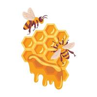 A vibrant illustration featuring bees buzzing around honeycombs. The intricate hexagonal patterns of the honeycomb are highlighted, showcasing the industrious nature of bees and the beauty of vector