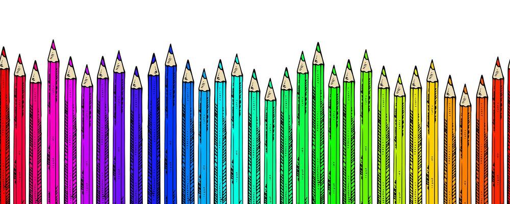 illustration of a colored pencil border in a seamless pattern. Hand drawn sketch featuring vibrant pencils arranged in a decorative frame. For stationery, school supplies and creative designs