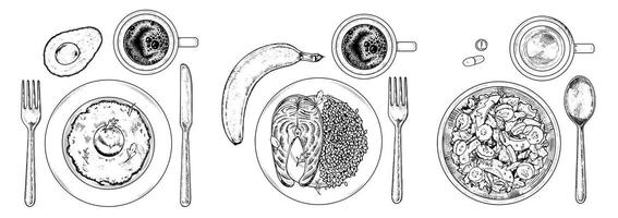 Hand drawn set of food items. Showcasing breakfast, lunch and dinner in top view. Black and white sketch for culinary designs. For nutrition guides and restaurant menus vector