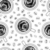 Seamless vintage pattern of hand drawn coffee elements in black and white. Intricate line art featuring steaming cups, beans, and espresso details. Perfect for wrapping paper, textiles vector