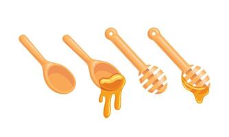 An elegant illustration featuring a set of wooden spoons and honey dipper, showcasing their natural textures and grains. Perfect for culinary themes, this artwork embodies rustic charm and kitchen vector