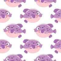 seamless pattern features vibrant fugu fish, known for their unique shape and intriguing design. playful arrangement creates a lively aquatic atmosphere, perfect for various creative projects vector