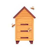 A detailed illustration of a wooden beehive filled with domestic honeybees. The scene showcases the hive s rustic charm, with bees actively working and contributing to pollination and honey vector