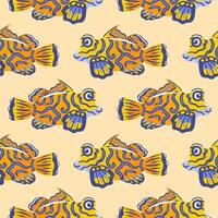 seamless pattern illustration features a stunning mandarinfish, showcasing its brilliant colors and intricate patterns. With its lively design and detailed scales, vector