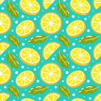 A seamless pattern featuring vibrant lemons and mint leaves. The playful design features whole lemons and slices, making it ideal for packaging, textiles, and summer-themed projects. vector