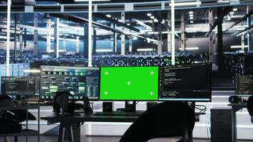 Chroma key computer displays in data center workplace used for managing supercomputers hardware energy consumption. Green screen PC used for automation in server hub workplace video