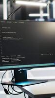 Vertical Data center programmer seeing critical error message while using node tree software to analyze datasets. Server room worker receiving glitch popup warning while using visual programming tool, camera B video