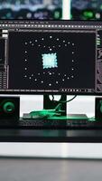 Visual programming systems in data center tracking system integrity and infrastructure performance. PC screens in server hub displaying node tree programming detecting equipment issues video