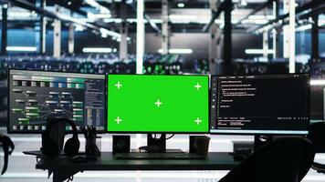 Green screen computers in data center managing energy consumption using node tree software. Mockup PC systems automating monitoring processes in server room using visual programming tools video