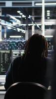 Irked data center admin raging because of malfunctioning node tree software analyzing datasets. Irascible server hub worker exasperated by visual programming tools not improving performance, camera A video