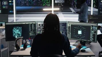Data center computer scientist using node tree software to analyze datasets. Server farm IT worker using visual programming to improve infrastructure performance, camera A video