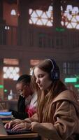 Vertical College student participates at online webinar course with headphones in the library, takes notes and learns about law in a non traditional live event. Girl listens to academic experts. Camera B. video
