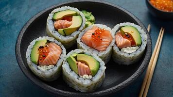 Sushi rolls with salmon, avocado and cucumber photo