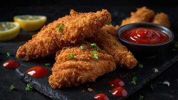 Fried chicken nuggets with ketchup and lemon slices photo