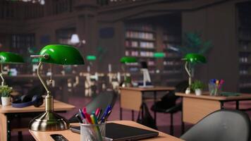 Empty library with a great research collection at a higher education school, university campus with an educational designated space for learning and solving academic assignments. Camera B. video
