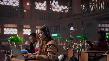College student participates at online webinar course with headphones in the library, takes notes and learns about law in a non traditional live event. Girl listens to academic experts. Camera B. video