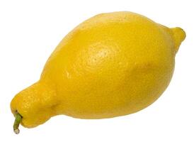 Whole lemon with a yellow, textured peel and a small stem, isolated background. Fruit has an elongated shape photo