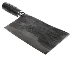 Large, heavy meat cleaver with a dark, textured blade and a black, ridged handle, isolated background. Cleaver has a sturdy and robust appearance photo