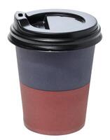 Paper coffee cup with horizontal bands of blue and red is shown with a black plastic lid, isolated background. photo