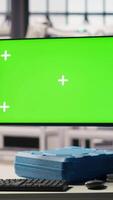 Vertical Close up of green screen display in industry 4.0 solar panels plant tracking energy production through IoT sensors. Chroma key monitor in photovoltaics factory displaying system performance metrics video