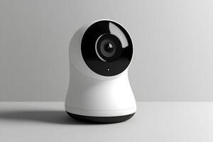 Compact wireless security camera with wide-angle lens on a gray surface. photo