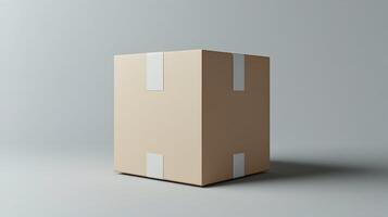 Plain Cardboard Box Sealed With White Tape Standing in Minimalist Space. photo
