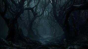 Foggy Forest Path Surrounded By Ancient, Twisted Trees, Evoking A Haunting And Mystical Environment. photo