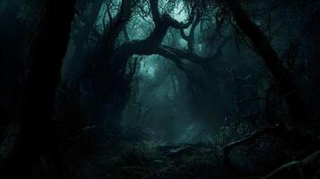 Mysterious Woodland Path With Gnarled Trees And Fog, Perfect For Fantasy Or Horror Scenes. photo