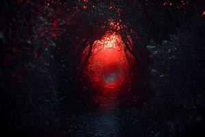Dark Forest Path Illuminated by Surreal Red Light, Creating a Mysterious and Otherworldly Atmosphere. photo