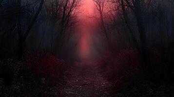 Misty woodland trail with an intense red glow, evoking a sense of mystery and suspense in the twilight. photo