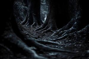 Dark forest with massive tree roots stretching across the ground, creating an eerie and mysterious woodland path. photo