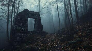 Mysterious Stone Ruins In A Foggy Forest, Surrounded By Trees And Fallen Leaves, Creating A Haunting Atmosphere. photo