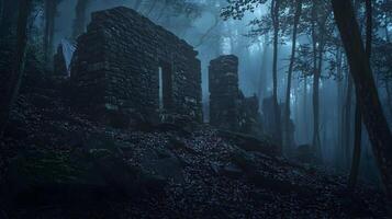 Old stone structure in a fog-covered forest, with vibrant autumn leaves creating a mysterious and haunting scene. photo
