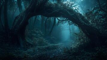 Enchanted Forest With Twisting Trees And A Foggy Path, Perfect Setting For Fantasy Or Horror Themes. photo