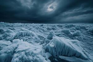 Icy terrain filled with towering ice cliffs under a dramatic cloudy sky, creating a cold and eerie atmosphere. photo