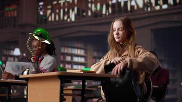 Female college student reads and writes detailed notes for a new course, studying political science for upcoming lecture in a library setting at university. Girl consults database. Camera A. video