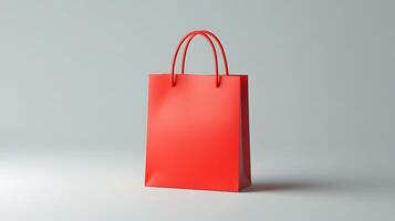 Bright red shopping bag with handles displayed on a simple background, symbolizing retail and modern design. photo