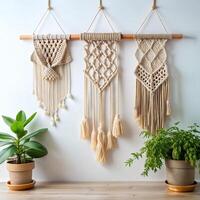 Elegant macrame wall hangings with fringe details and unique patterns, perfect for adding a cozy, bohemian touch to any modern home photo
