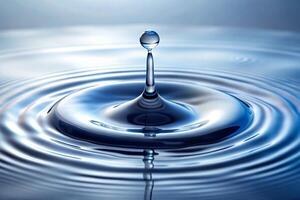 Macro shot of a single water drop falling, creating a mesmerizing ripple effect on the water surface with vibrant blue hues photo