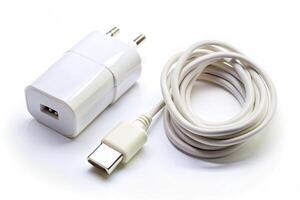 white USB charger with a cable, featuring a USB Type C connection, designed for charging devices on a clean white background photo
