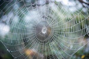 Beautifully structured spider web with morning dew droplets glistening under soft light, forming a mesmerizing pattern in nature photo