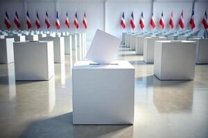 A voting box with a white ballot, surrounded by rows of ballot boxes, representing democracy and election processes in an organized voting system photo