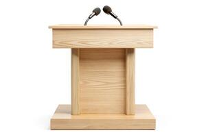 Elegant square podium made of light wood with microphone for public speaking, lectures, and conference settings photo