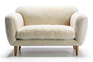 Wool sofa and armchair with wooden legs in a soft, fluffy texture, showcasing modern and minimalistic furniture against a white backdrop photo