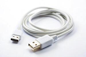 Modern USB charger with a white Type C cable, ideal for powering mobile phones and electronics, isolated against a neutral background photo