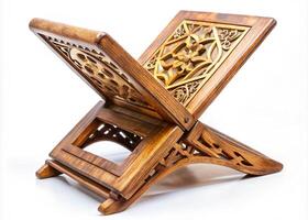 Decorative wooden rehal stand featuring intricate carvings and a sturdy frame, perfect for displaying religious books or art pieces photo